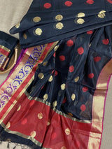 Black with Red, Pink & Purple Banarasi saree in banarasi semi silk with buttis with red, pink & purple borders — Kaash Collection