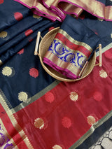 Black Semi Banarasi Silk Saree with Red Pallu - Kaash