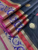 Black Semi Banarasi Silk Saree with Red Pallu - Kaash
