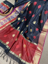 Black Semi Banarasi Silk Saree with Red Pallu - Kaash