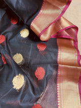 Black Semi Banarasi Silk Saree with Red Pallu - Kaash