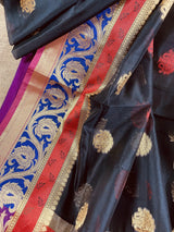 Black Semi Banarasi Silk Saree with Red Pallu - Kaash