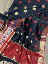 Black Semi Banarasi Silk Saree with Red Pallu - Kaash