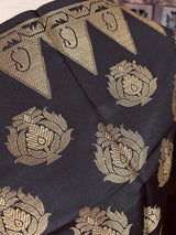 Black Soft Silk Banarasi Designer Dupatta with Muted Gold Zari Weaving - Kaash