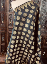 Black Soft Silk Banarasi Designer Dupatta with Muted Gold Zari Weaving - Kaash