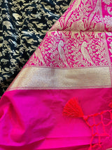 Black with Magenta & Hot Pink Banarasi saree in banarasi silk with shikargah hunting motifs in gold zari — Kaash Collection