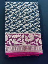 Black with Magenta & Hot Pink Banarasi saree in banarasi silk with shikargah hunting motifs in gold zari — Kaash Collection