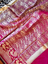 Black with Magenta & Hot Pink Banarasi saree in banarasi silk with shikargah hunting motifs in gold zari — Kaash Collection
