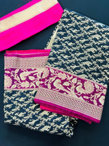 Black with Magenta & Hot Pink Banarasi saree in banarasi silk with shikargah hunting motifs in gold zari — Kaash Collection