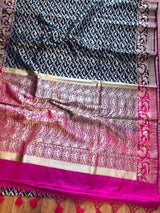 Black with Magenta & Hot Pink Banarasi saree in banarasi silk with shikargah hunting motifs in gold zari — Kaash Collection