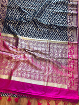 Black with Magenta and Hot Pink combination Banarasi Silk Shikargah Saree in Zari Weave Work | Shikargah Sarees - Kaash