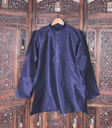Blue Color Raw Silk Men Short Kurta - Kaash
