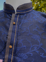 Blue men's kurta pajama in soft silk (non-pure) with self-design with small zari weave buttis — Kaash Collection