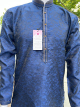 Blue men's kurta pajama in soft silk (non-pure) with self-design with small zari weave buttis — Kaash Collection