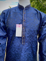 Blue men's kurta pajama in soft silk (non-pure) with self-design with small zari weave buttis — Kaash Collection