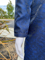 Blue Color Soft Silk Men Kurta Pajama for Men with Self Design material with small Zari Weave butti - Kaash