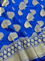 Blue Semi Banarasi Silk Saree Dancing Peacock Motifs with Grand Border - Kaash