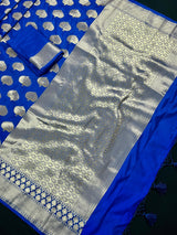 Blue Semi Banarasi Silk Saree Dancing Peacock Motifs with Grand Border | Banarasi Saree | Peacock Motifs | Blue Color Saree - Kaash