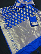 Blue Semi Banarasi Silk Saree Dancing Peacock Motifs with Grand Border | Banarasi Saree | Peacock Motifs | Blue Color Saree - Kaash