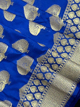 Blue Semi Banarasi Silk Saree Dancing Peacock Motifs with Grand Border | Banarasi Saree | Peacock Motifs | Blue Color Saree - Kaash