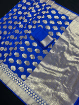 Blue Semi Banarasi Silk Saree Dancing Peacock Motifs with Grand Border | Banarasi Saree | Peacock Motifs | Blue Color Saree - Kaash
