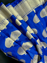 Blue Semi Banarasi Silk Saree Dancing Peacock Motifs with Grand Border | Banarasi Saree | Peacock Motifs | Blue Color Saree - Kaash