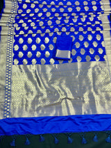 Blue Semi Banarasi Silk Saree Dancing Peacock Motifs with Grand Border | Banarasi Saree | Peacock Motifs | Blue Color Saree - Kaash