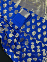 Blue Semi Banarasi Silk Saree Dancing Peacock Motifs with Grand Border | Banarasi Saree | Peacock Motifs | Blue Color Saree - Kaash