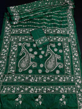 Bottle Green Bangalori Silk Saree with Hand Kantha Stitch - Kaash