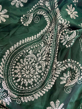 Bottle Green Bangalori Silk Saree with Hand Kantha Stitch - Kaash