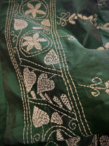 Bottle Green Bangalori Silk Saree with Hand Kantha Stitch - Kaash