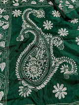 Bottle Green Bangalori Silk Saree with Hand Kantha Stitch - Kaash