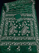 Bottle Green Bangalori Silk Saree with Hand Kantha Stitch | Handwoven Kantha Stitch Sarees | Kantha Saress | Silk Sarees | Bengal Sarees - Kaash