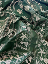 Bottle Green Bangalori Silk Saree with Hand Kantha Stitch | Handwoven Kantha Stitch Sarees | Kantha Saress | Silk Sarees | Bengal Sarees - Kaash