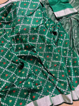 Bottle Green Color Linen Banarasi Handwoven Saree in Patola deisgn with Sliver Zari Weaving - Kaash