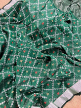 Bottle Green Color Linen Banarasi Handwoven Saree in Patola deisgn with Sliver Zari Weaving - Kaash