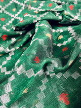 Bottle Green Color Linen Banarasi Handwoven Saree in Patola deisgn with Sliver Zari Weaving - Kaash