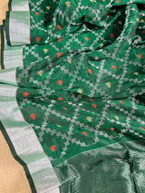 Bottle Green Color Linen Banarasi Handwoven Saree in Patola deisgn with Sliver Zari Weaving - Kaash