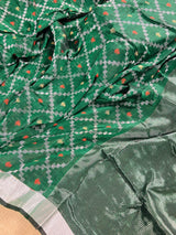 Bottle Green Color Linen Banarasi Handwoven Saree in Patola deisgn with Sliver Zari Weaving - Kaash