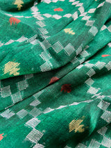 Bottle Green Color Linen Banarasi Handwoven Saree in Patola deisgn with Sliver Zari Weaving - Kaash