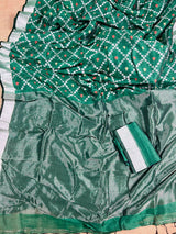 Bottle Green Color Linen Banarasi Handwoven Saree in Patola deisgn with Sliver Zari Weaving - Kaash