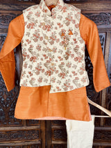 Orange & Gold Boys 3pcs Floral 3-piece kurta pajama set for boys with floral jacket 3pc set — Kaash Collection