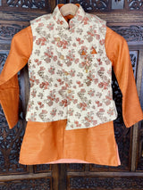 Orange & Gold Boys 3pcs Floral 3-piece kurta pajama set for boys with floral jacket 3pc set — Kaash Collection