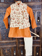 Orange & Gold Boys 3pcs Floral 3-piece kurta pajama set for boys with floral jacket 3pc set — Kaash Collection