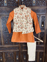 Orange & Gold Boys 3pcs Floral 3-piece kurta pajama set for boys with floral jacket 3pc set — Kaash Collection
