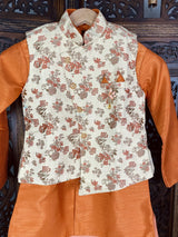 Orange & Gold Boys 3pcs Floral 3-piece kurta pajama set for boys with floral jacket 3pc set — Kaash Collection