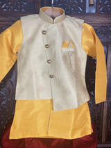 Boys 3pcs Kurta Pajama with Jacket in Floral Pattern in Yellow and Maroon | Kids Wear | Boys Ethnic Wear | Boys Kurta | Kaash Collection - Kaash