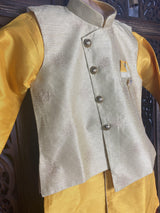 Boys 3pcs Kurta Pajama with Jacket in Floral Pattern in Yellow and Maroon | Kids Wear | Boys Ethnic Wear | Boys Kurta | Kaash Collection - Kaash