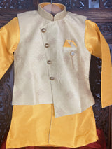 Boys 3pcs Kurta Pajama with Jacket in Floral Pattern in Yellow and Maroon | Kids Wear | Boys Ethnic Wear | Boys Kurta | Kaash Collection - Kaash