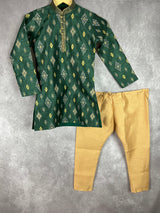 Boys Kurta Pajama Set in Bottle Green Color with Ikkat Prints | Raw Silk material with Cotton Lining | Kurta Pajama for Boys | Indian Boys Wear - Kaash
